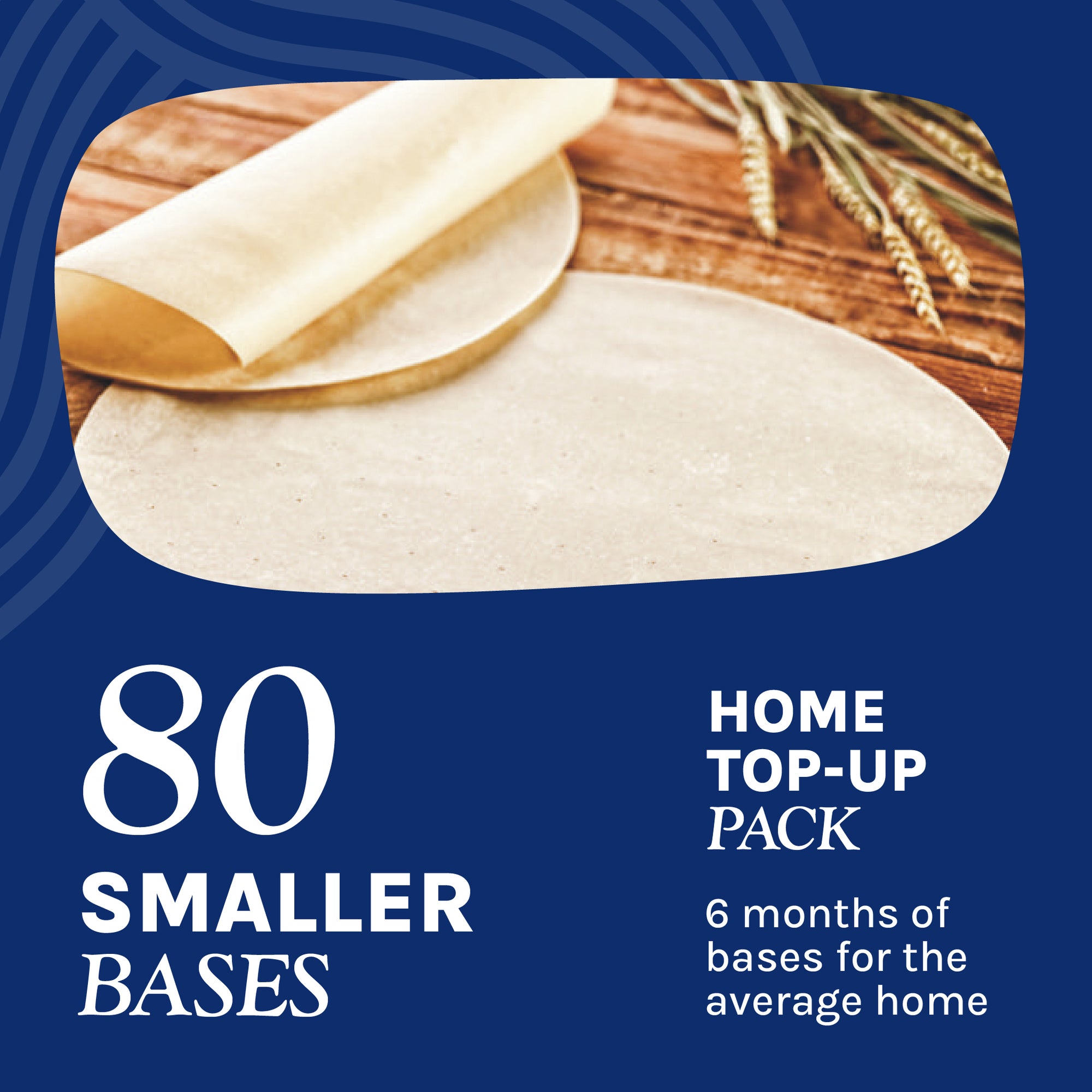 Home top-up pack with 80 midi thin french pizza bases for home entertaining, featuring unleavened dough.