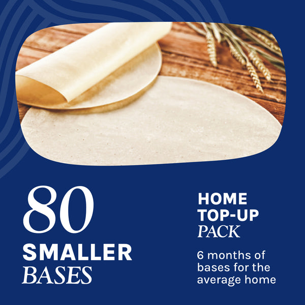 Home top-up pack with 80 midi thin french pizza bases for home entertaining, featuring unleavened dough.